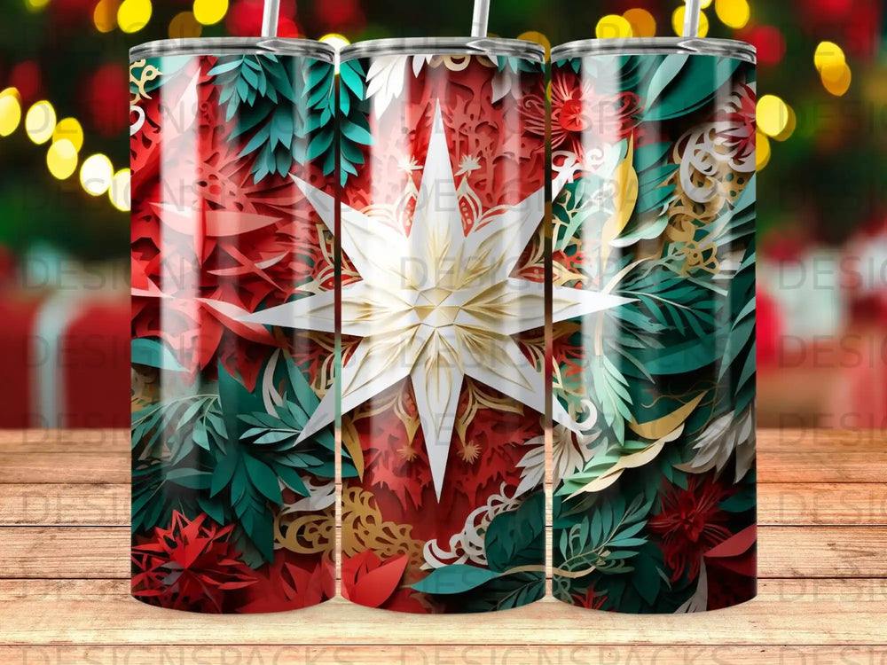 White starburst on a red background with green and gold festive foliage.