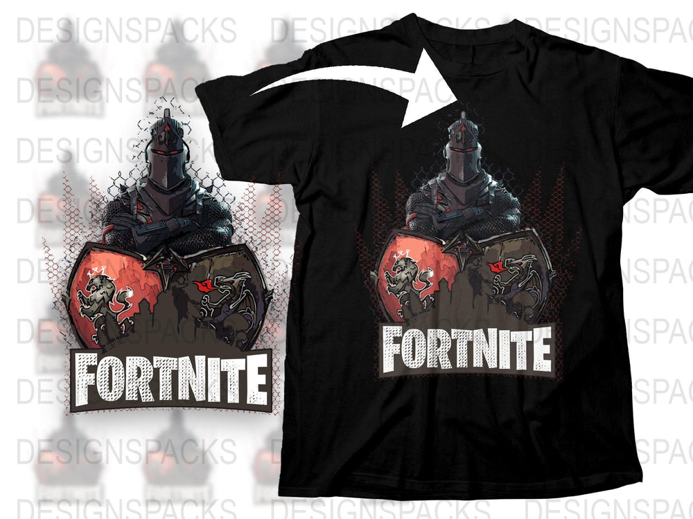 Fortnite Graphic T-Shirt, Red Knight Shield Design, Gaming Apparel, Men's Black Tee, Cool Gamer Gift