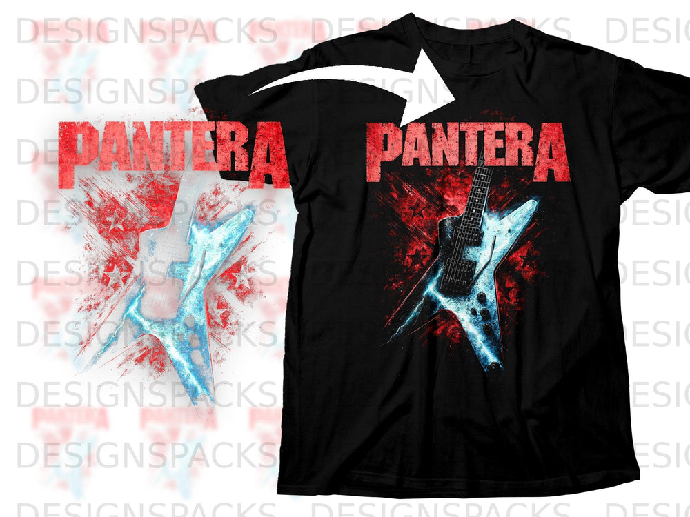 Black t-shirt with Pantera band logo and electric guitar graphic.