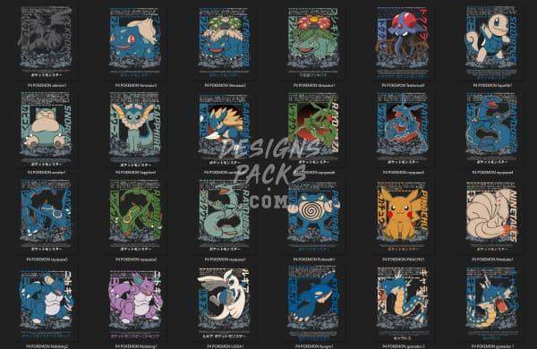 Pokemon-themed DTF/DTG designs for t-shirts, featuring vibrant characters and print-ready formats.