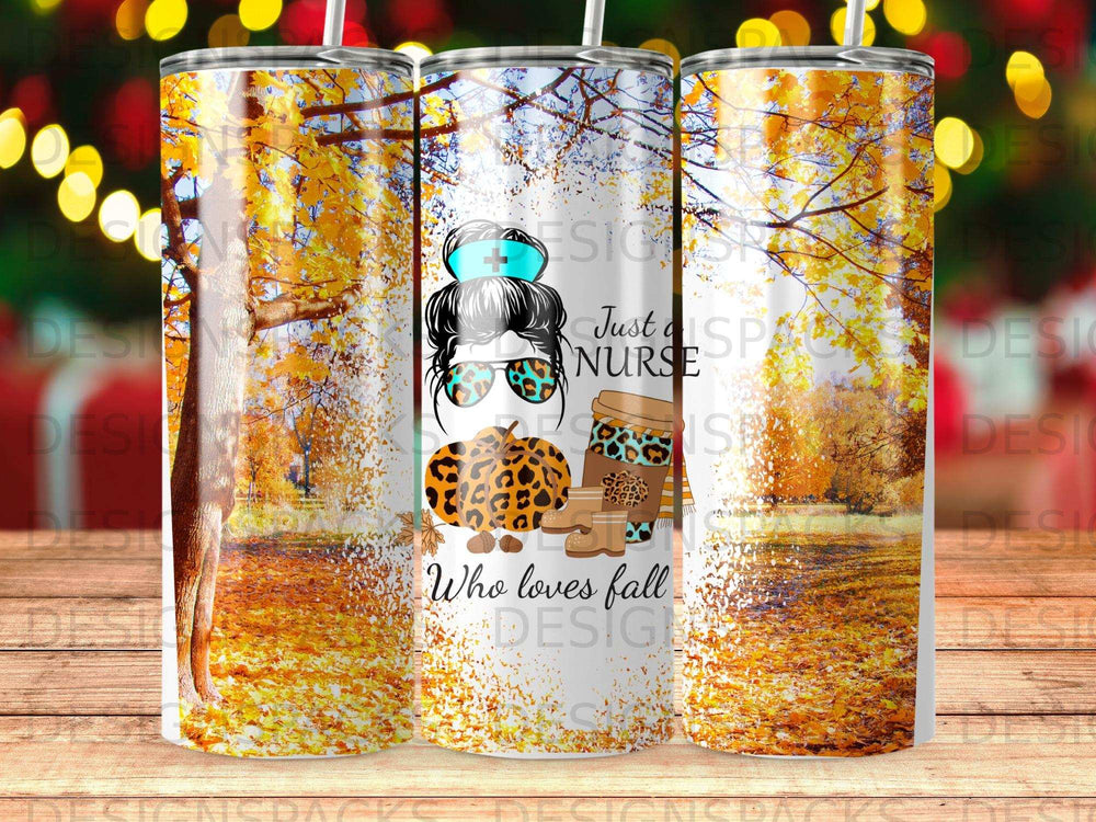 Tumbler with fall leaves, a nurse, and coffee cup, saying "Who loves fall".