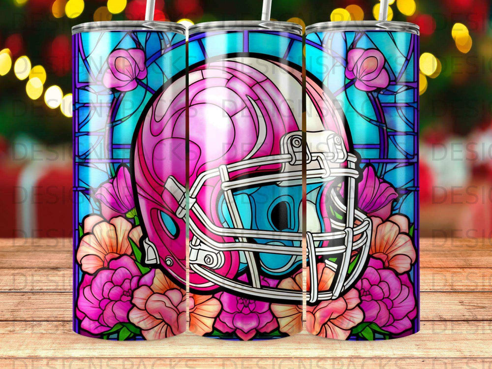 Pink football helmet with floral stained glass background.