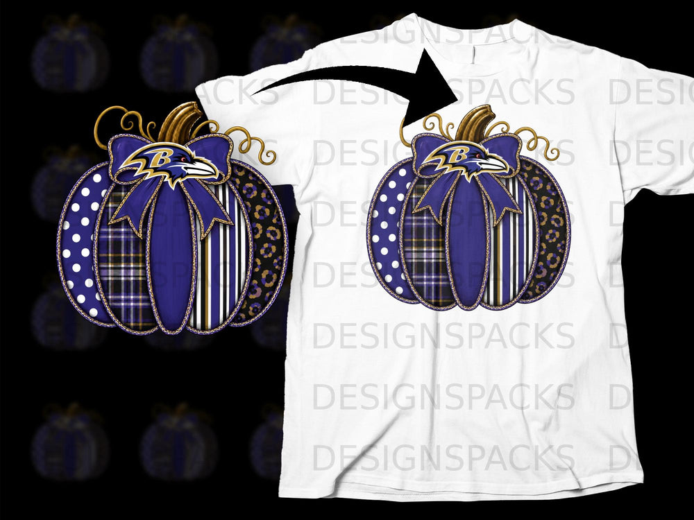 Baltimore Ravens pumpkin with patchwork patterns on a white t-shirt mockup.