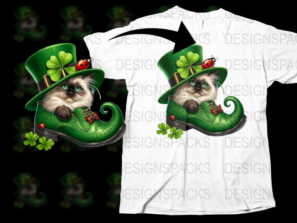 St. Patrick's Day T-Shirt Cat in Green Hat Lucky Clover Ladybug Graphic Tee