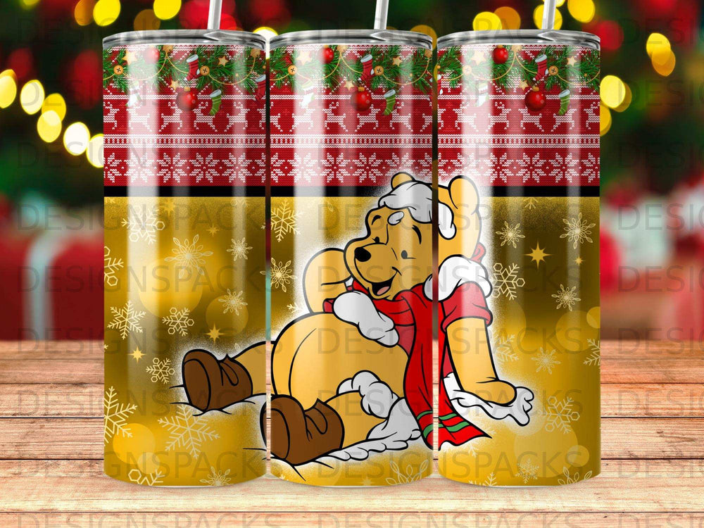 Winnie the Pooh in Santa hat and scarf on festive patterned tumbler.