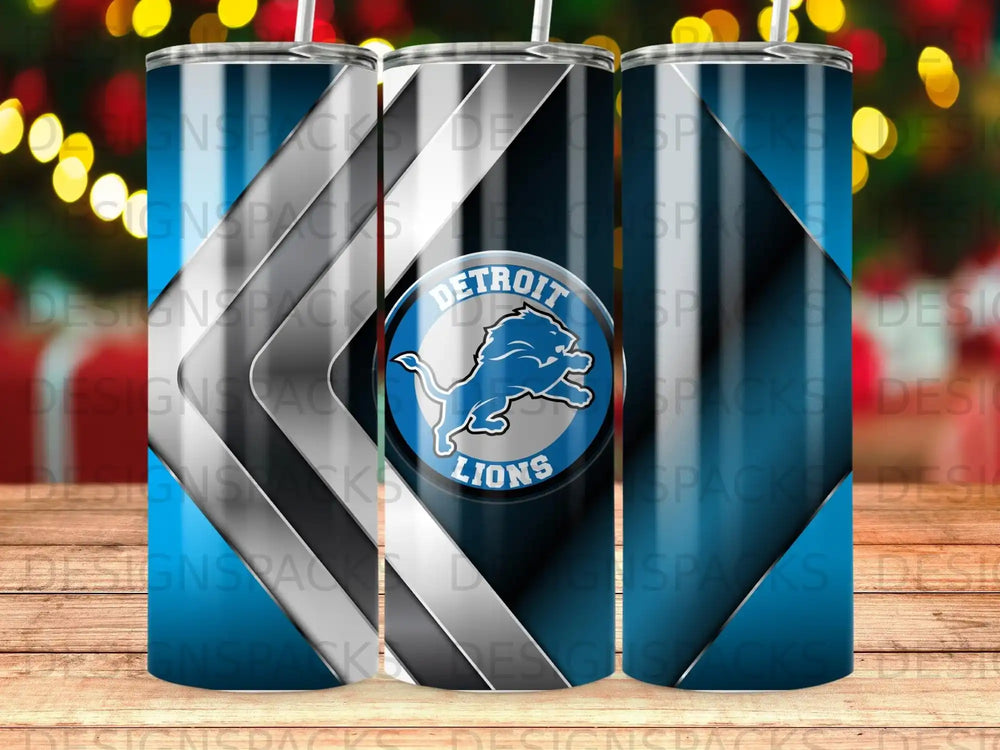 Detroit Lions logo on a blue and silver abstract geometric tumbler.