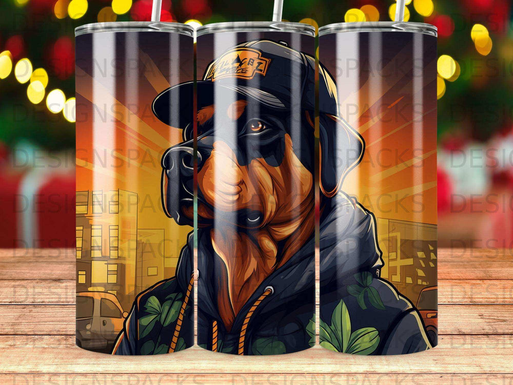 Rottweiler wearing a baseball cap and hoodie, with city buildings in the background.