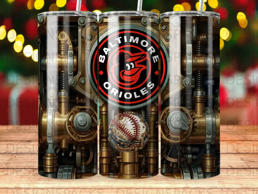 Baltimore Orioles logo with baseball and steampunk gears on a tumbler.