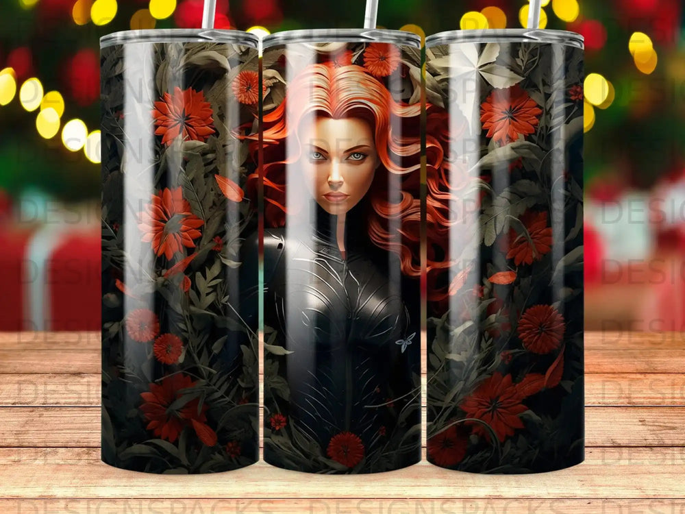 Black Widow in black suit with red flowers and green leaves.