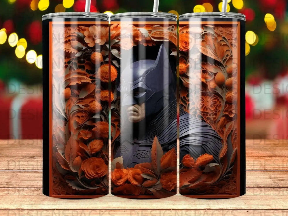 Batman's cowl framed by a dense pattern of orange flowers and leaves.