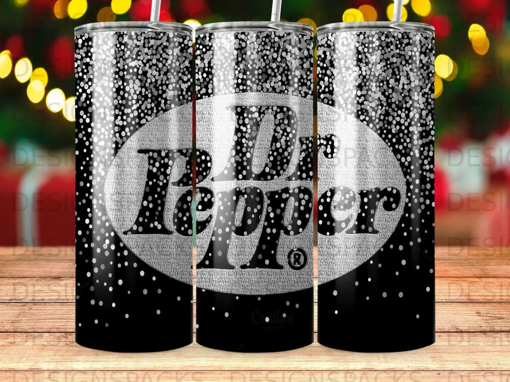Dr Pepper logo with speckled silver on black tumblers.