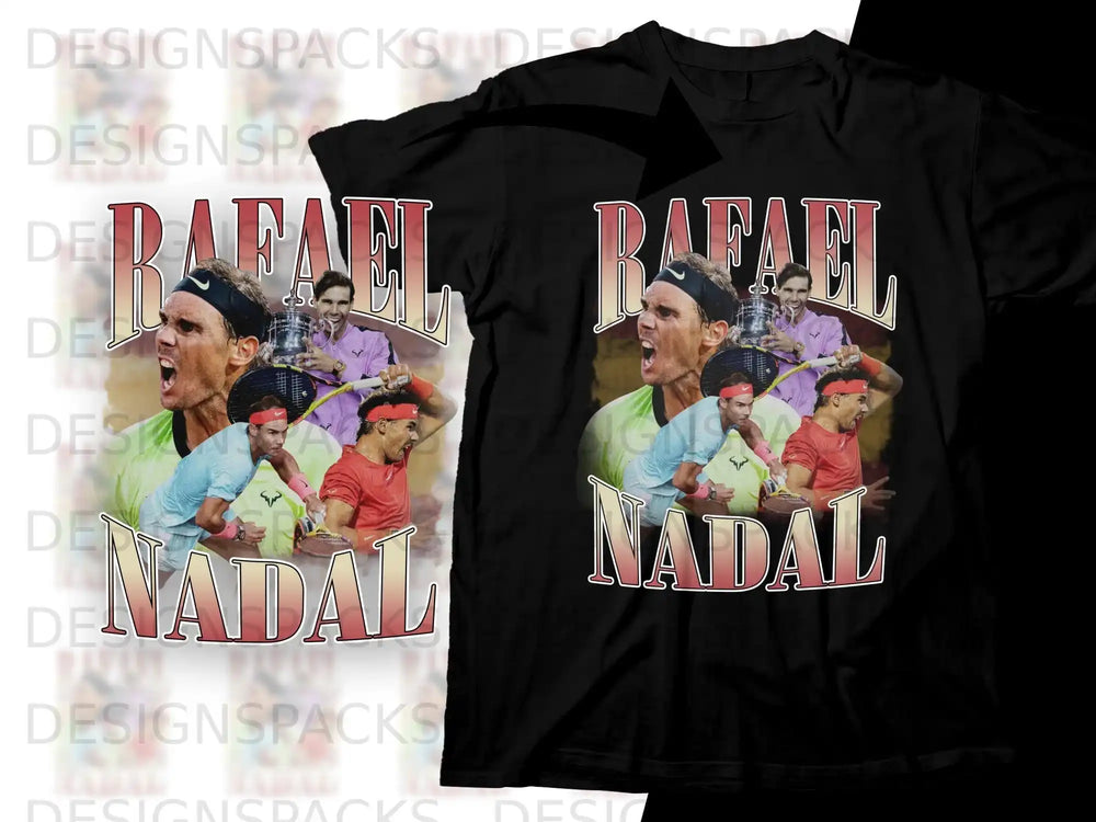 Rafael Nadal collage with tennis trophies on a black t-shirt.