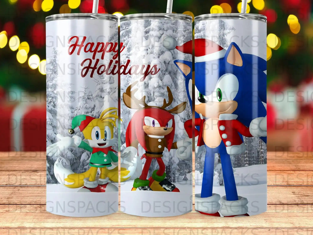 Sonic, Tails, and Knuckles characters with "Happy Holidays" text on a snowy background.