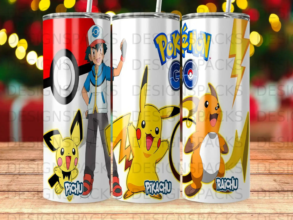 Three tumblers featuring Pikachu, a Pokémon trainer, and Raichu.