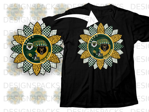 Sunflower design with Baylor Bears logo and leopard print on black shirt.