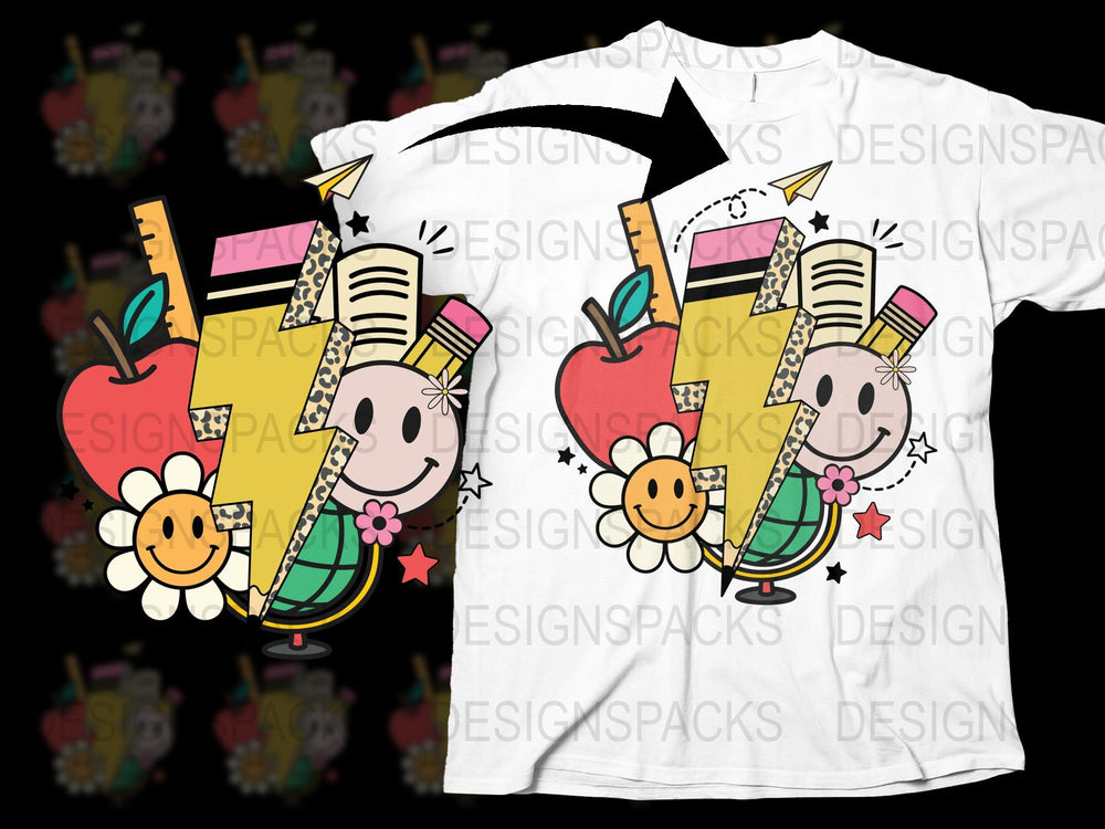 Kids School T-Shirt Cartoon Pencil Apple Flower Cute Graphic Tee for Children