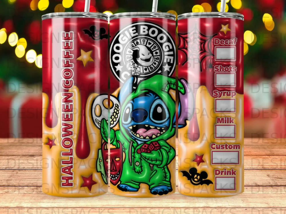 Stitch in Halloween costume on a tumbler with "Halloween Coffee" and drink options.