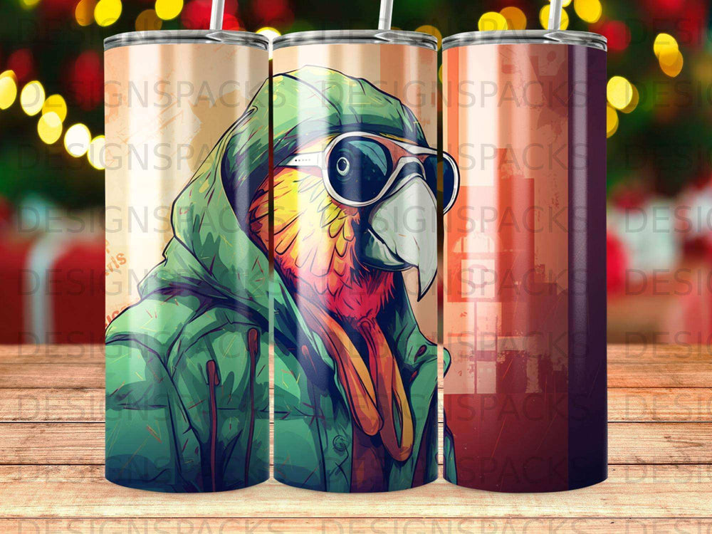 Parrot wearing sunglasses and hoodie.