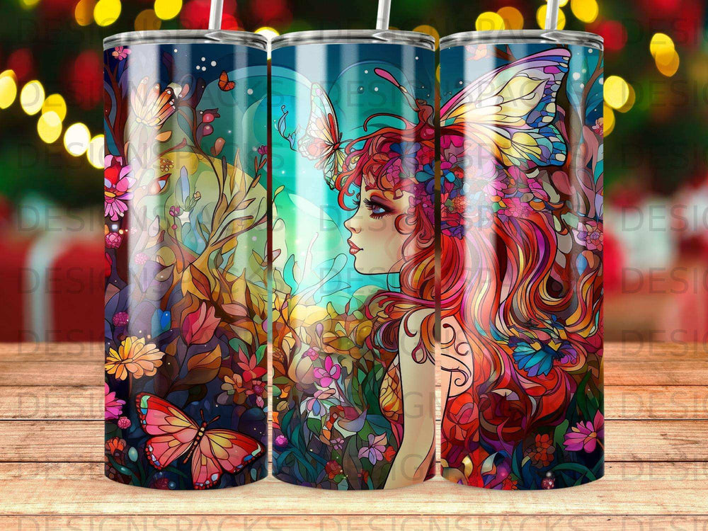 Fantasy art tumbler with butterfly wings and floral accents.