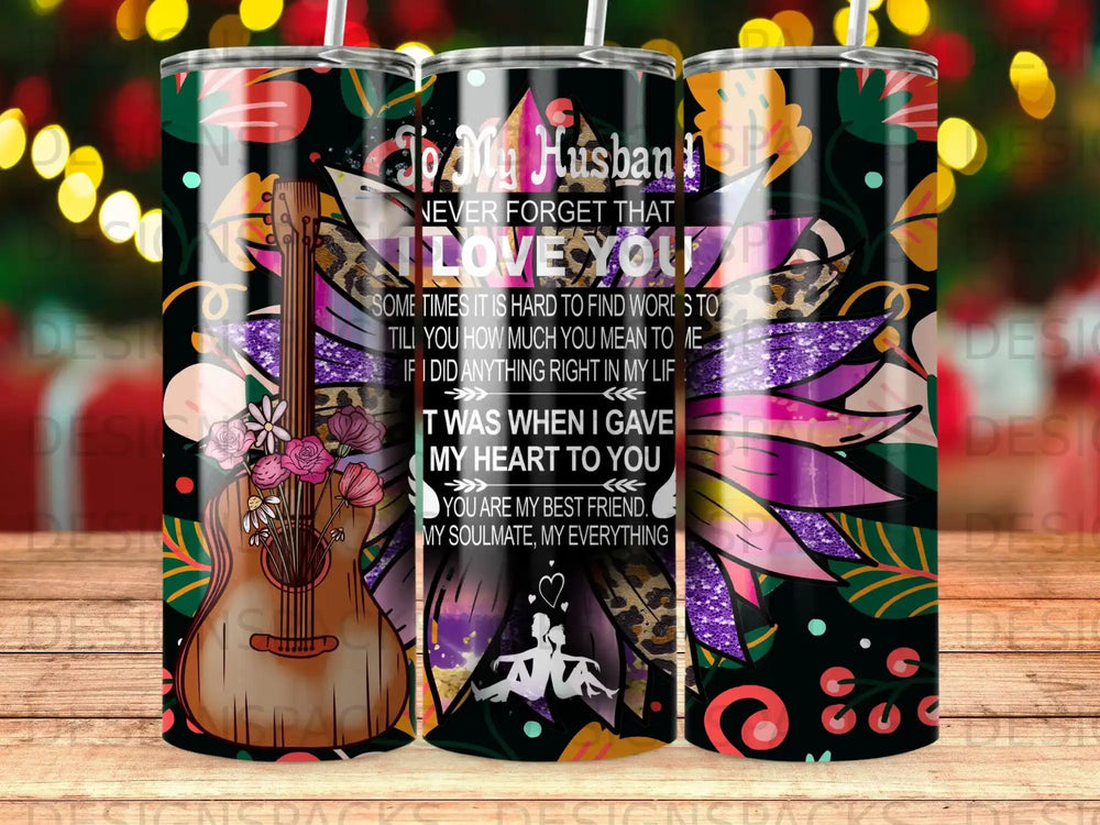 Tumbler with guitar and flowers, "To My Husband, I Love You" text.