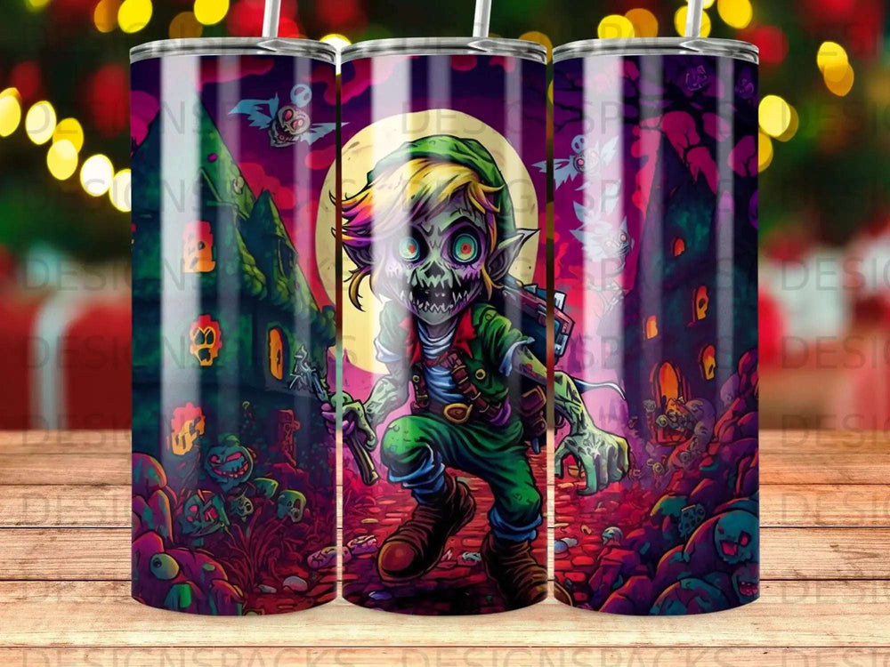 Zombie Link character with creepy castle and monsters, cartoon style.
