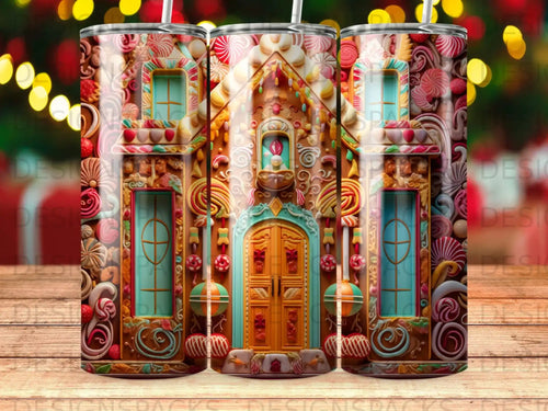 Gingerbread house with candy details and frosted windows on tumblers.