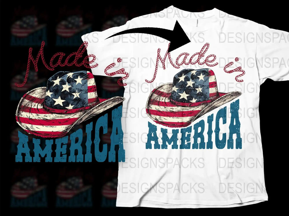 Patriotic American Flag Cowboy Hat T-Shirt, Made in America, July 4th Tee