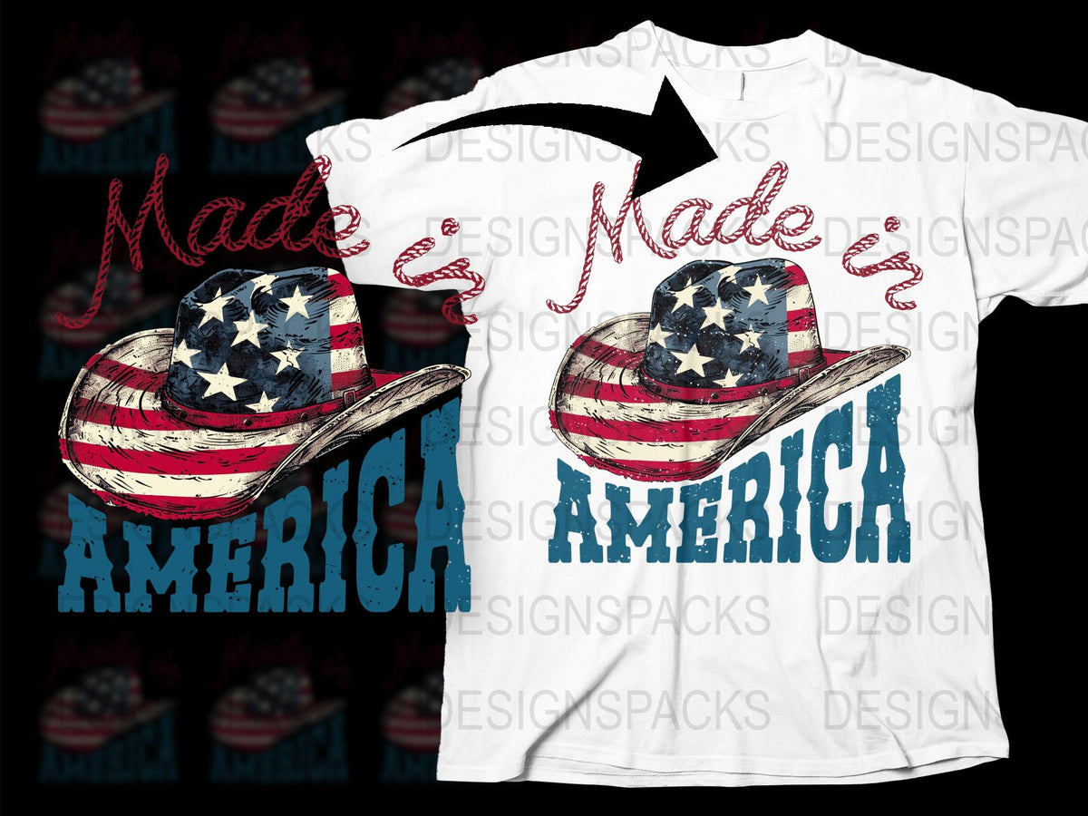 Patriotic American Flag Cowboy Hat T-Shirt, Made in America, July 4th Tee