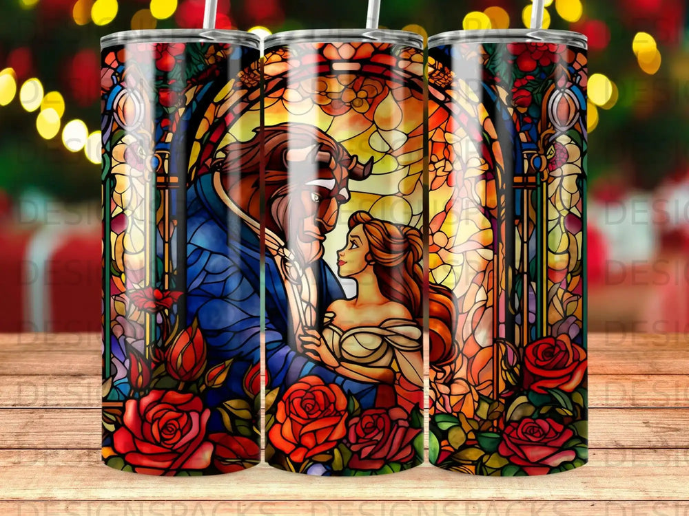 Belle and the Beast in stained glass with roses, surrounded by bokeh lights.