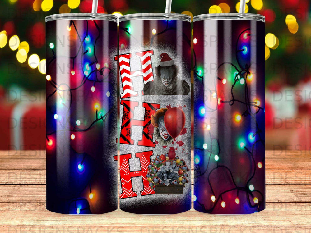 Three tumblers decorated with "HO HO HO" and Pennywise the clown imagery.