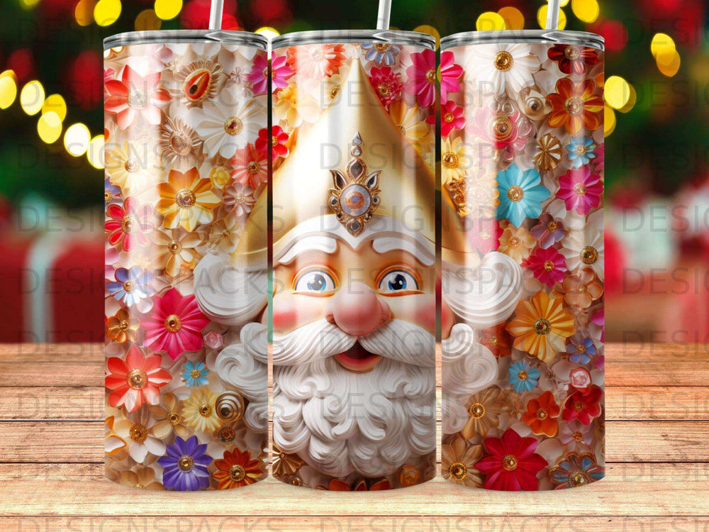Santa Claus with colorful floral beard on a patterned tumbler.