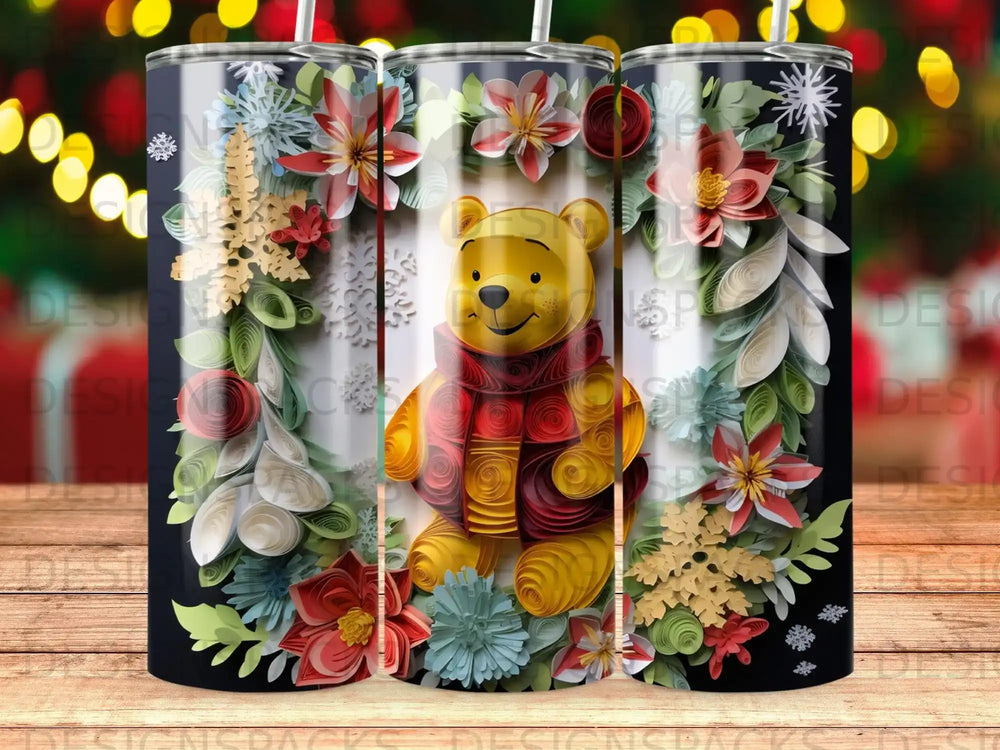 Winnie the Pooh character wearing a scarf surrounded by colorful paper flowers and snowflakes.