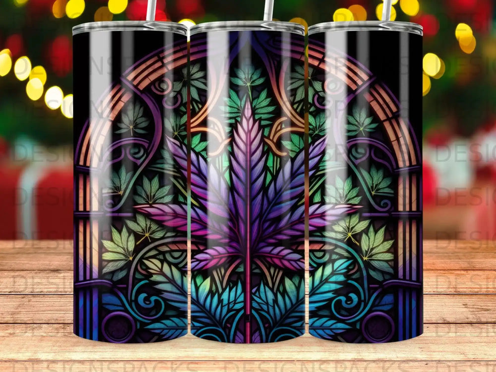 Stained glass cannabis leaf design with colorful borders.