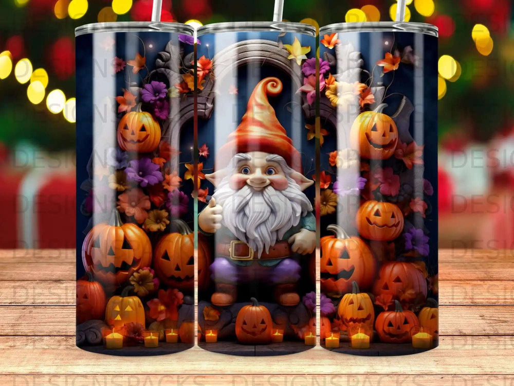 Gnome with pumpkins and autumn floral decorations.