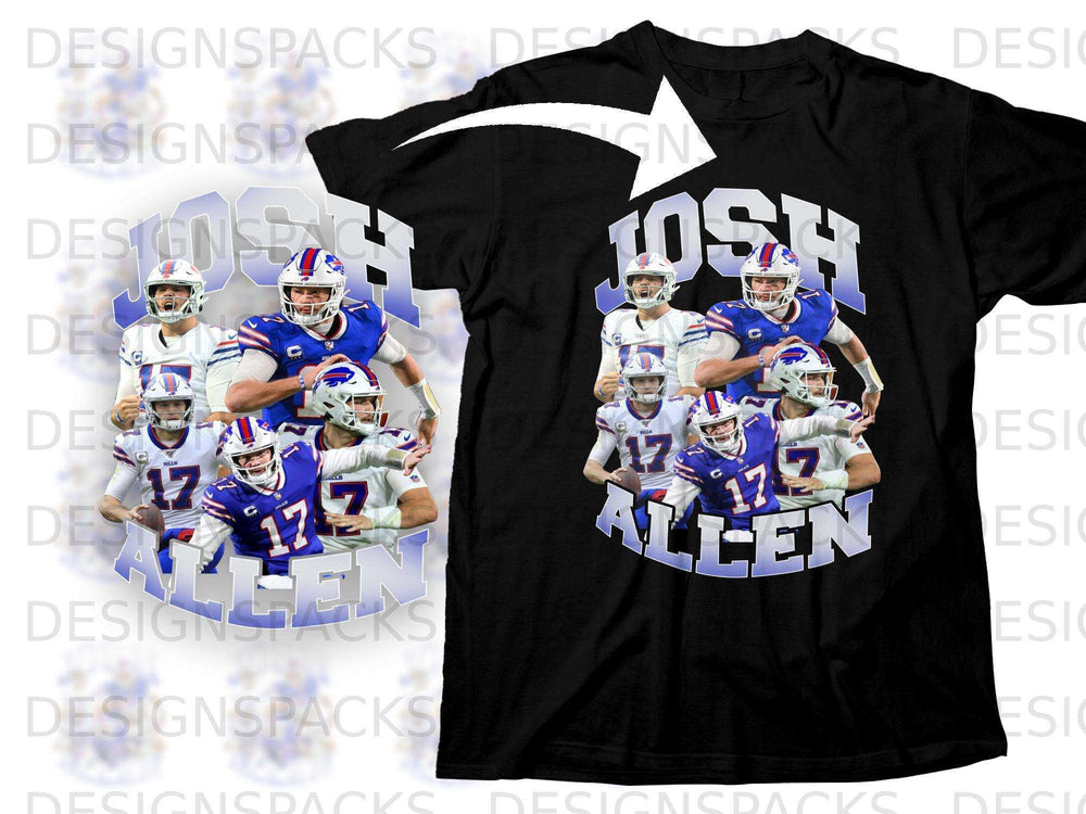 Black t-shirt featuring Josh Allen and Buffalo Bills players.