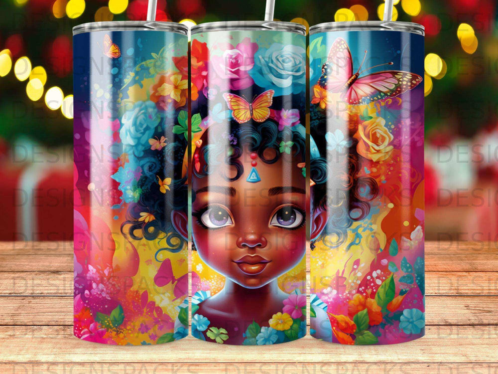 Young Black girl with colorful flowers and butterflies in her hair.