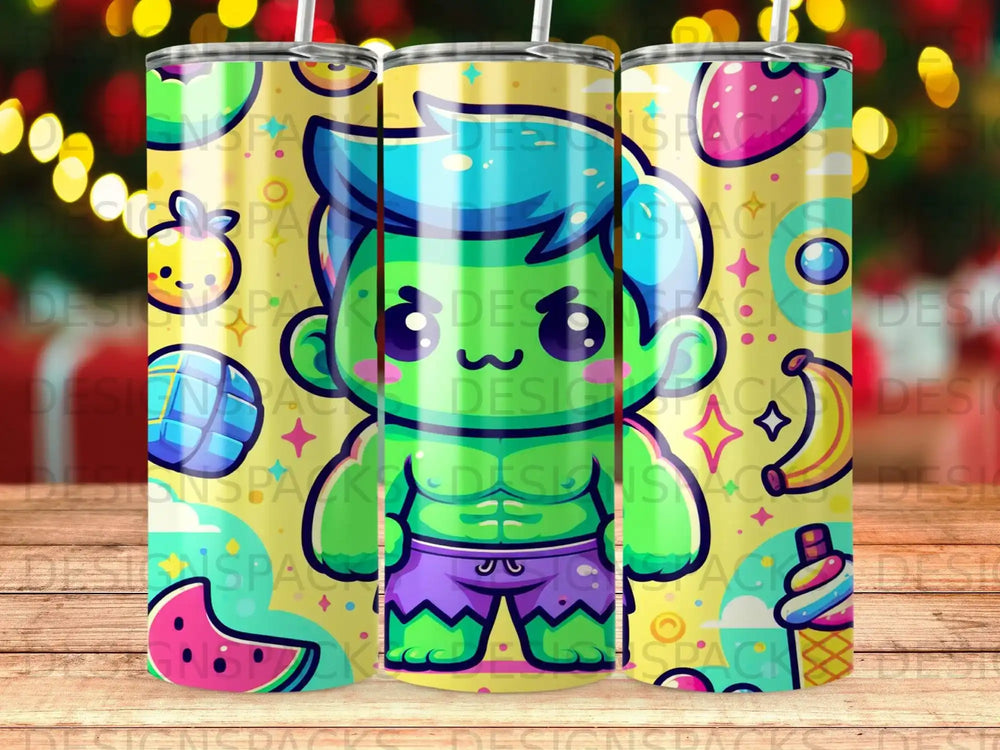 Hulk character with fruit and ice cream pattern on a tumbler.