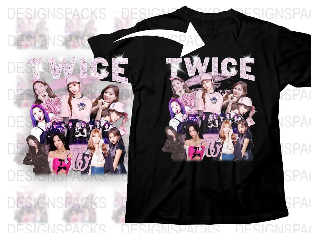 TWICE Band T-Shirt, K-Pop Music Group Fan Merch, Colorful Graphic Tee, Cotton Black Shirt with Idol Collage, Unisex Fashion Top
