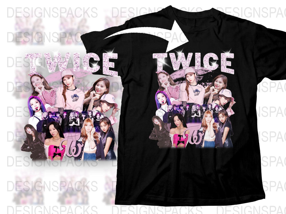 TWICE Band T-Shirt, K-Pop Music Group Fan Merch, Colorful Graphic Tee, Cotton Black Shirt with Idol Collage, Unisex Fashion Top