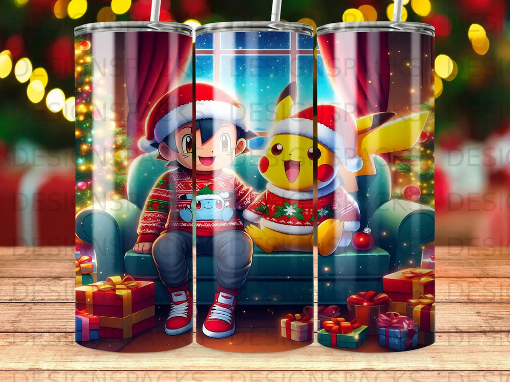 Ash and Pikachu in festive sweaters on a couch with Christmas gifts.