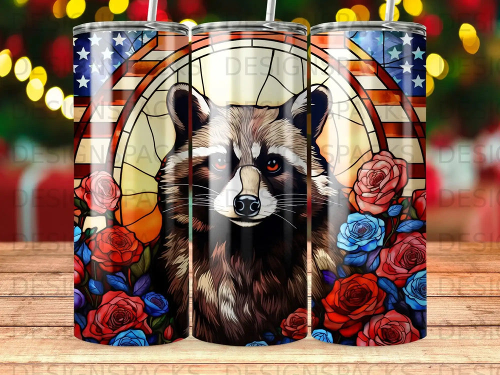 Raccoon with stained glass background, surrounded by red and blue roses.