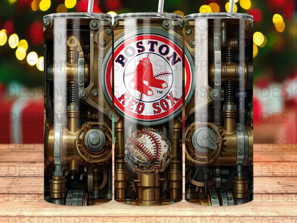 Boston Red Sox tumbler with steampunk gears and baseball design.