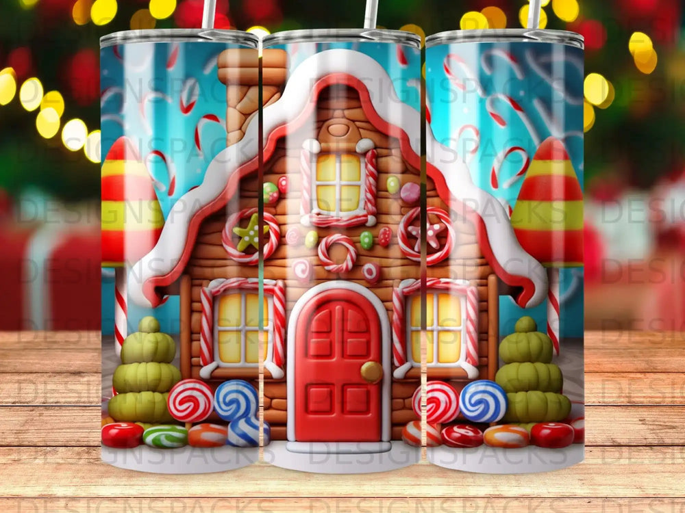 Gingerbread house with red door, candy decorations, and striped candy canes.