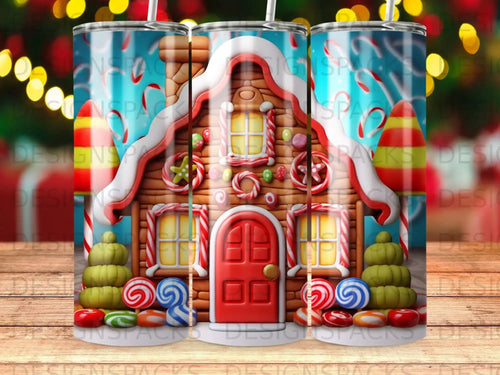 Gingerbread house with red door, candy decorations, and striped candy canes.