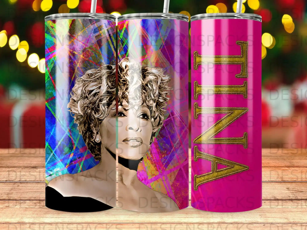 Tina Turner portrait with colorful abstract background.