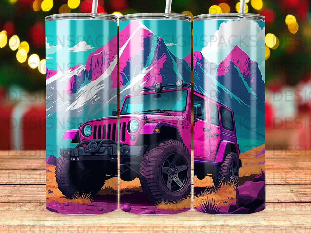 Pink Jeep Wrangler in a mountain landscape with a teal and purple sky.