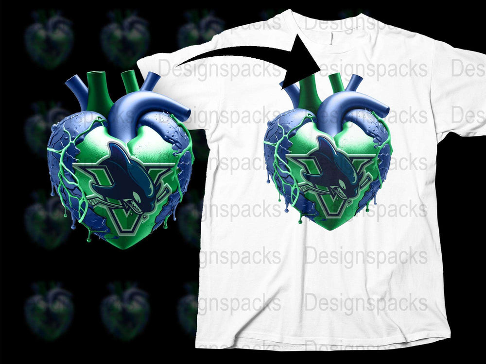 Unique 3D Heart Graphic T-Shirt, Cool Blue and Green Anatomical Heart Design, Unisex Fashion Tee