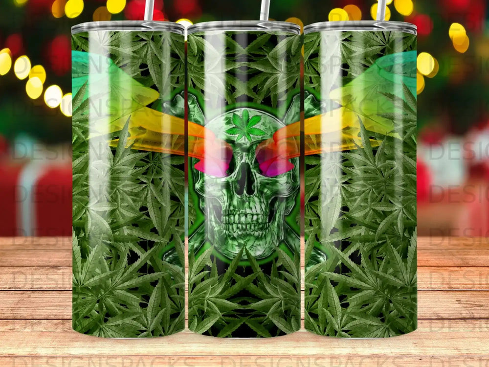 Green skull with crossed bandanas over sunglasses and cannabis leaves pattern.