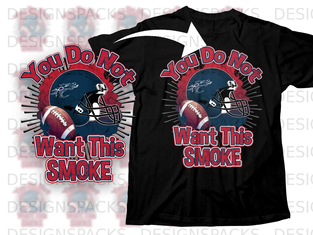 Black t-shirt with blue and red text and graphics of a football helmet and ball.