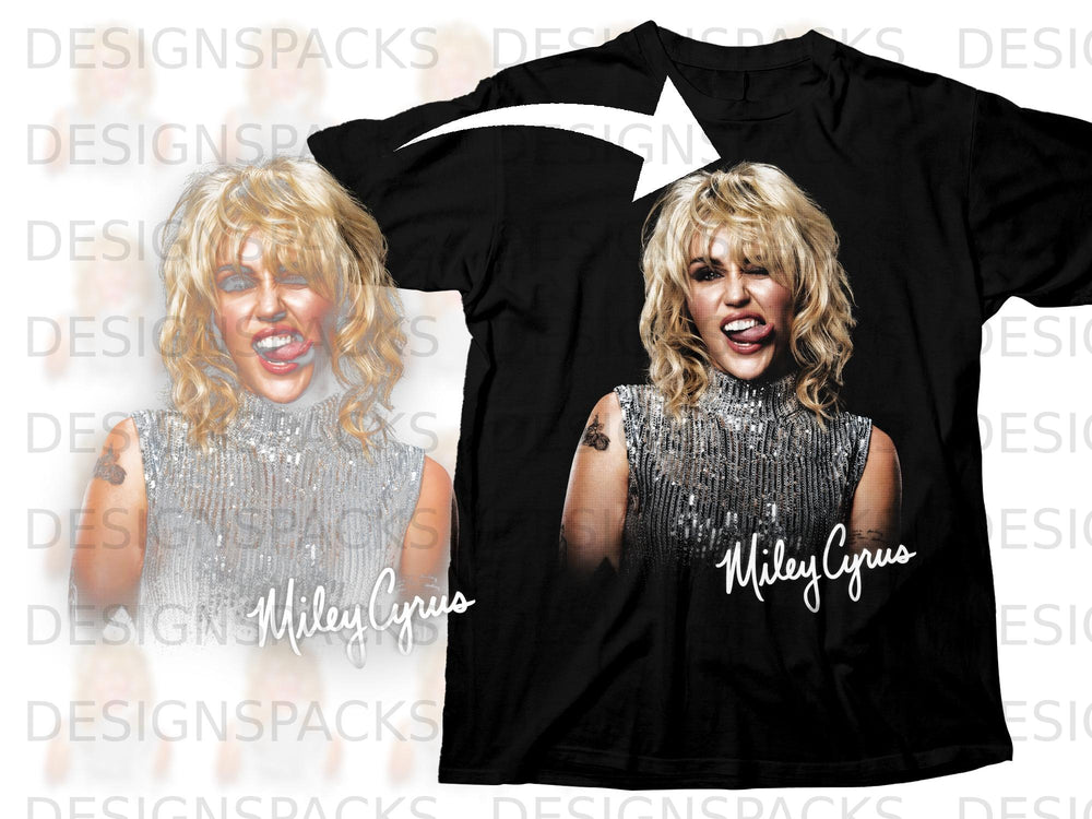 Black t-shirt featuring Miley Cyrus sticking her tongue out and the name "Miley Cyrus".